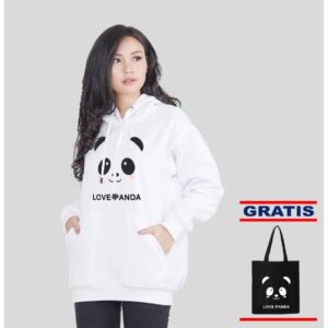 Jaket Hoodie Wanita Love Panda Putih Gratis Tas Totebag